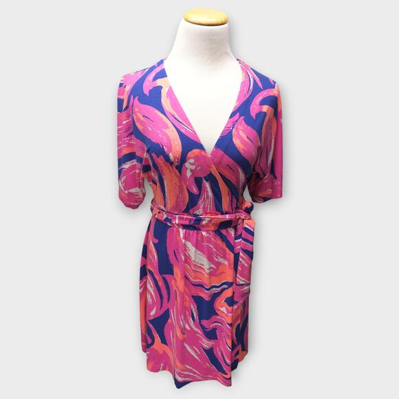 Womens Lilly Pulitzer Blue/Orange/Pink Short Sleeve Wrap Dress Size XS - Picture 2 of 7